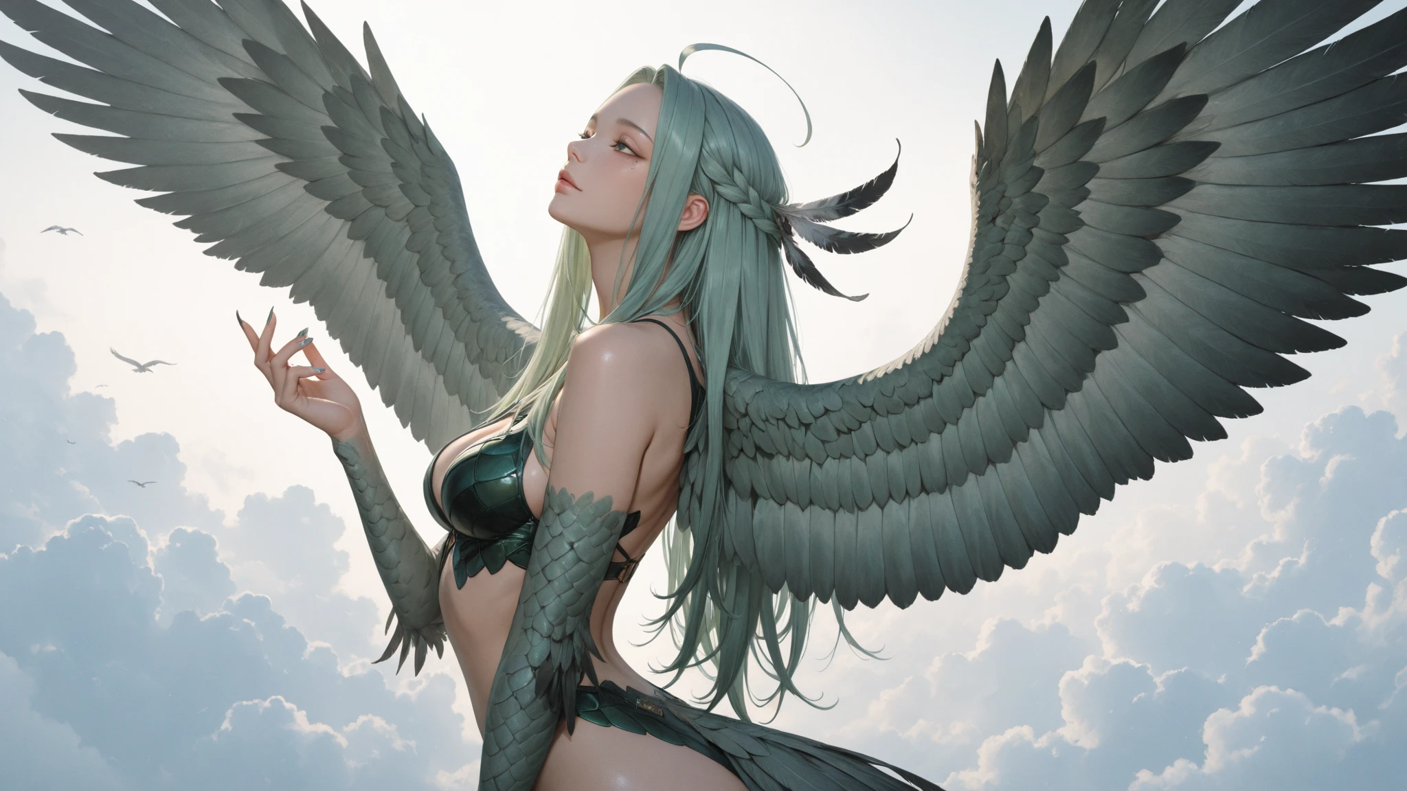 A dark green long hair in a pompous pony tail harpie queen, harpie caucasian Warrior lady，(((On the arms there is a pair of large white color wings)))，（（Wearing an intricated elaborated black metal bikini armor and long boots）)，high detail,（beautiful face)，long green hair, eagle feet, sky and clouds background, macro，Realistic，hdr（HighDynamicRange, Ray traching, NVIDIA RTX, Hyper-Resolution, illusory 5, sub surface scattering, post-process, Anisotropy Filtering, depth of field maximum definition and sharpness, Surface coloring, Accurately simulate light-material interactions, perfectly proportions, rendering by octane, large aperture, Low ISO, White balance, the rule of thirds、8K raw data, lightand shade contrast