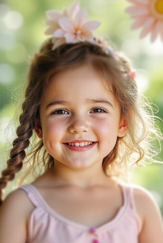 barnet (menina), cabelos cacheados , castanhos claros, nariz pequeno e arrebitado , pela clara, olhos arredondados , castanhos, corpo magro , sorriso feliz , slight separation in the front teeth