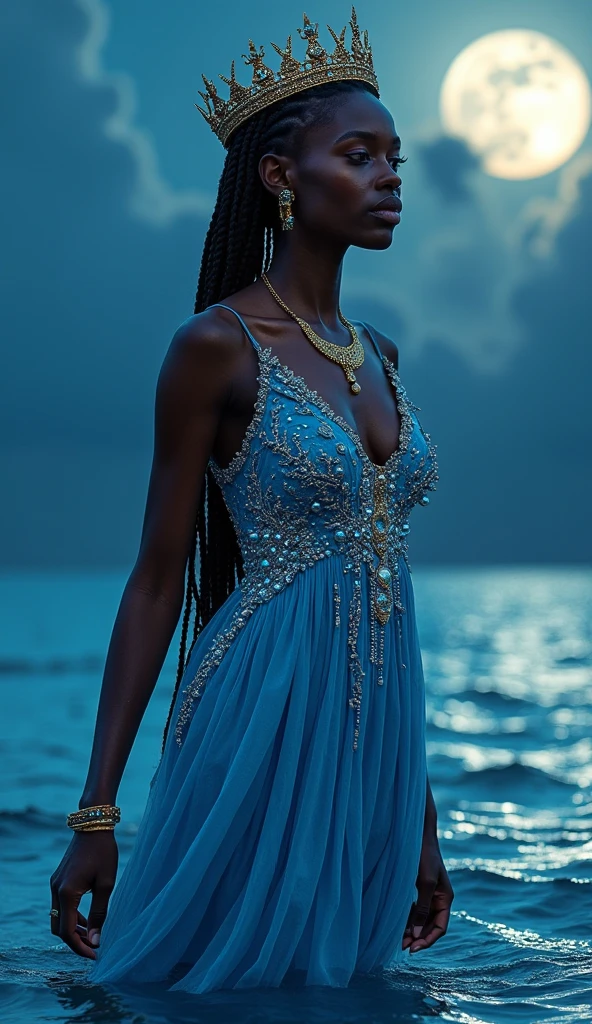 Create a majestic image of Yemanja, The Goddess of Waters, represented as a black woman of serene beauty and power. She is emerging from the ocean, with long, wavy black hair flowing in the wind, adorned with pearls and shells. Your skin glows softly in the moonlight, and she wears a light blue and white dress, that mixes with the waves. Ao redor dela, The sea is calm, reflecting the moonlight and the brightness of the stars. Iemanjá wears a silver crown and holds a hand mirror decorated with marine details.. No fundo, there are fish, corals and dolphins swimming, all revering his divine presence. The scene is serene, mystical and full of reverence, highlighting its deep connection with water and nature