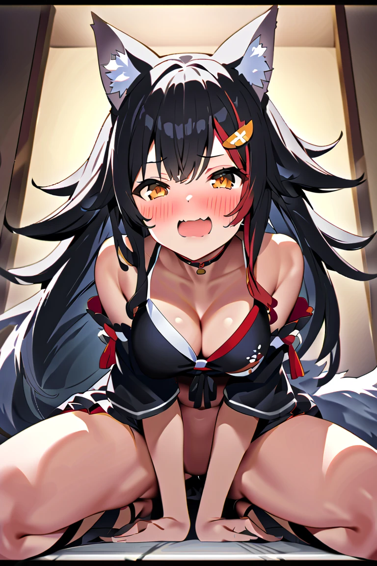 mio_base, hair ornament, sailor collar, black skirt, detached sleeves, midriff, kouhaku nawa, white thighhighs, tail wrap, tail around leg, topless, woman on top, vaginal,sex, excessive cum