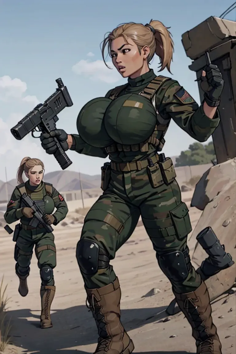 (best quality,highres,ultra-detailed,realistic:1.37), busty mercenary, teasing pose, cute face, huge breasts, sexy combat outfit, ammo belt, weapons, leaning on war wagon, full body, illustrations, studio lighting, intense colors, sharp focus.