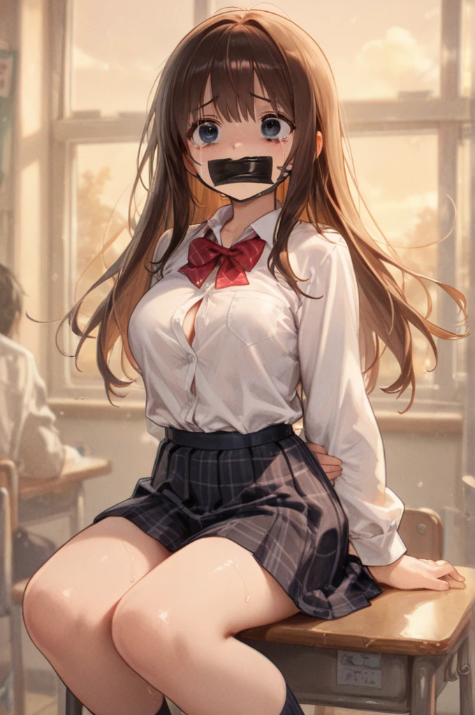 BREAK Perfect Anatomy、(High resolution:1.2)、Incredible illustrations、(Cute illustrations:1.2)、(nfsw) (cinematic angle,solo focus,) (Beautiful background(school building hallway), 1girl(brown hair,twin tails, tanned skin: 1.3) 1girl((a girl,slender 1.7meters, 45kg, (school uniform,blindfold,gag.handcuffs)(restrained,tortoise shell bondage:1.2), lingerie,breath:1.5),(squatting,arms behind head)