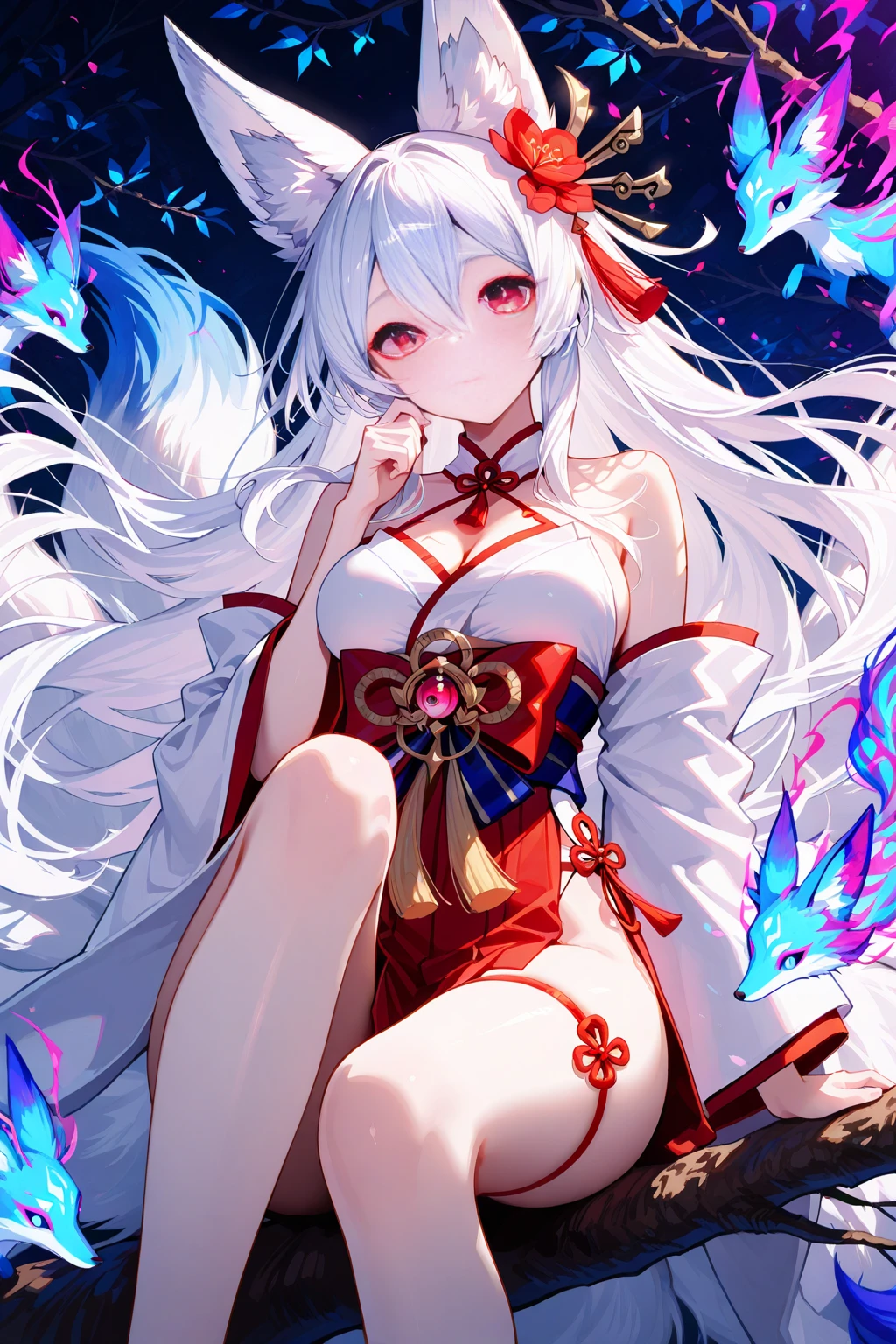 Masterpieces: 1.7, Top Quality, Very Beautiful, Delicate Coloring, Art, Colorful, Dark, Real, Female, Full Body, Nine-Tailed Tail, Bewitching, Silver Hair, Red Sharp Glowing Eyes, Lightless Eyes, Scary Eyes, Long Claws, Sticking Out Tongue, Mad Smile, Fearful Smile, Shadow of Face, White Skin, Oiran Road, Kimono, Kanzashi, Fox, Fang, Crazy, Violence, Moonlight in the Background, Night, Flash