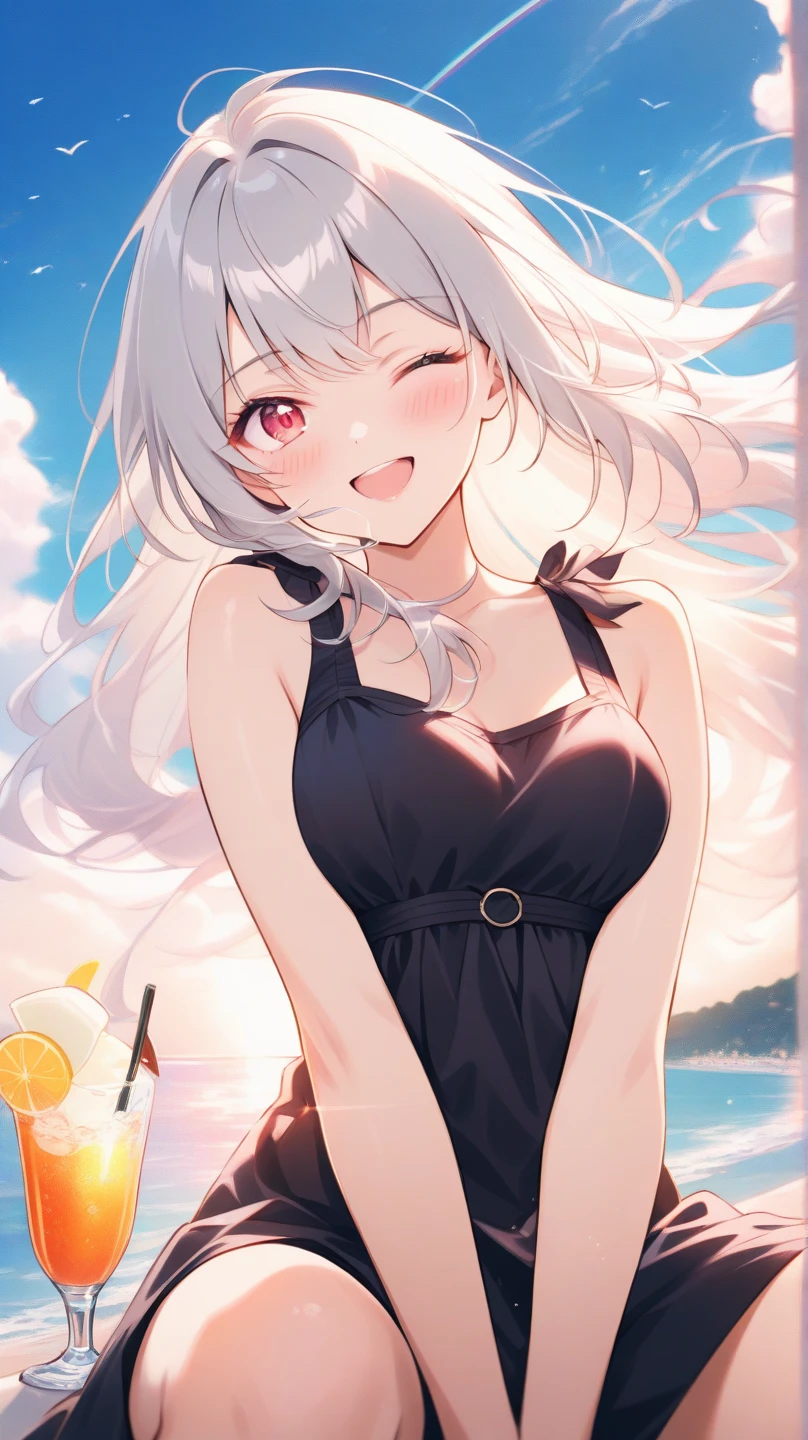masterpiece, best quality, absurdres, perfect anatomy, 1girl, solo, Zooey, dark skin, HairRose, red rose, smile, black dress, cleavage cutout, <lora:HairRose:1>