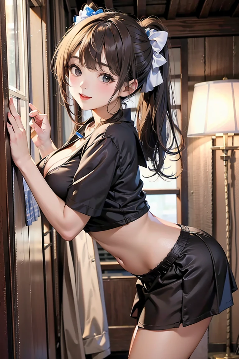 A girl in fil dental panties on her back looking at the camera with sweet look and attractive ass with her panties showing off the watering hole, (masterpiece: 1.3)