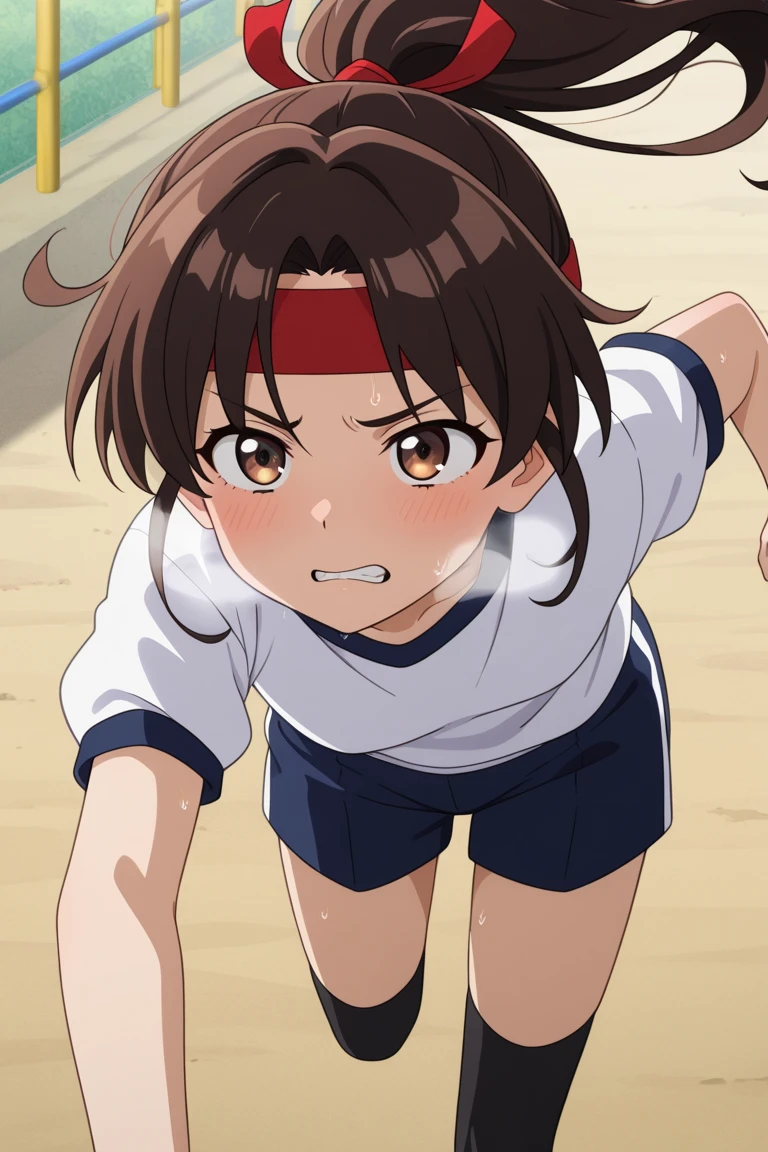 One Girl, alone, whole body, blush, smile, I401KC, Brown Hair, Short ponytail, White shirt, Sleeveless,One piece swimsuit, Bare arms, Sleeveless shirt, headgear, School Swimsuit, Sunburn, Sunburnlines, dark skin, Wear a swimsuit under your clothes, Sailor shirt, Orange sailor collar, From behind,