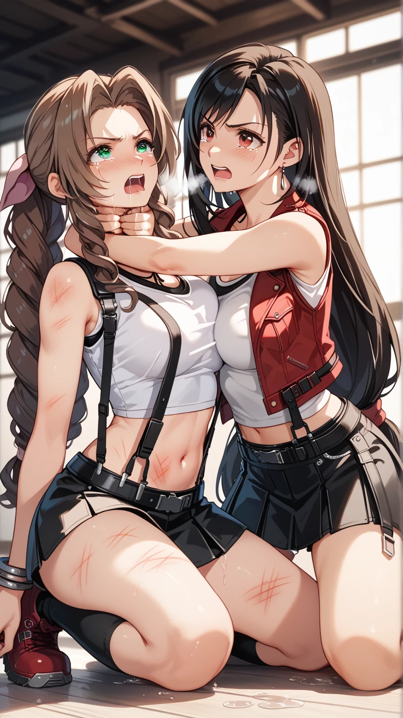 ((Biologically correct number of limbs))、4K、masterpiece、((focus on the face))、((symmetrical facial features))、Eyes with detailed description、Beautiful woman、Outstanding style、beautiful hands、nice legs、beautiful hands、(small ass、thin hips)、Detailed image of faces、(shirt、skirt、((Tifa Lockhart))、high heels、stockings)、face close up、Background - morning park.、sex, public sex, threeesome, oral sex, deepthroat, forced sex, slave