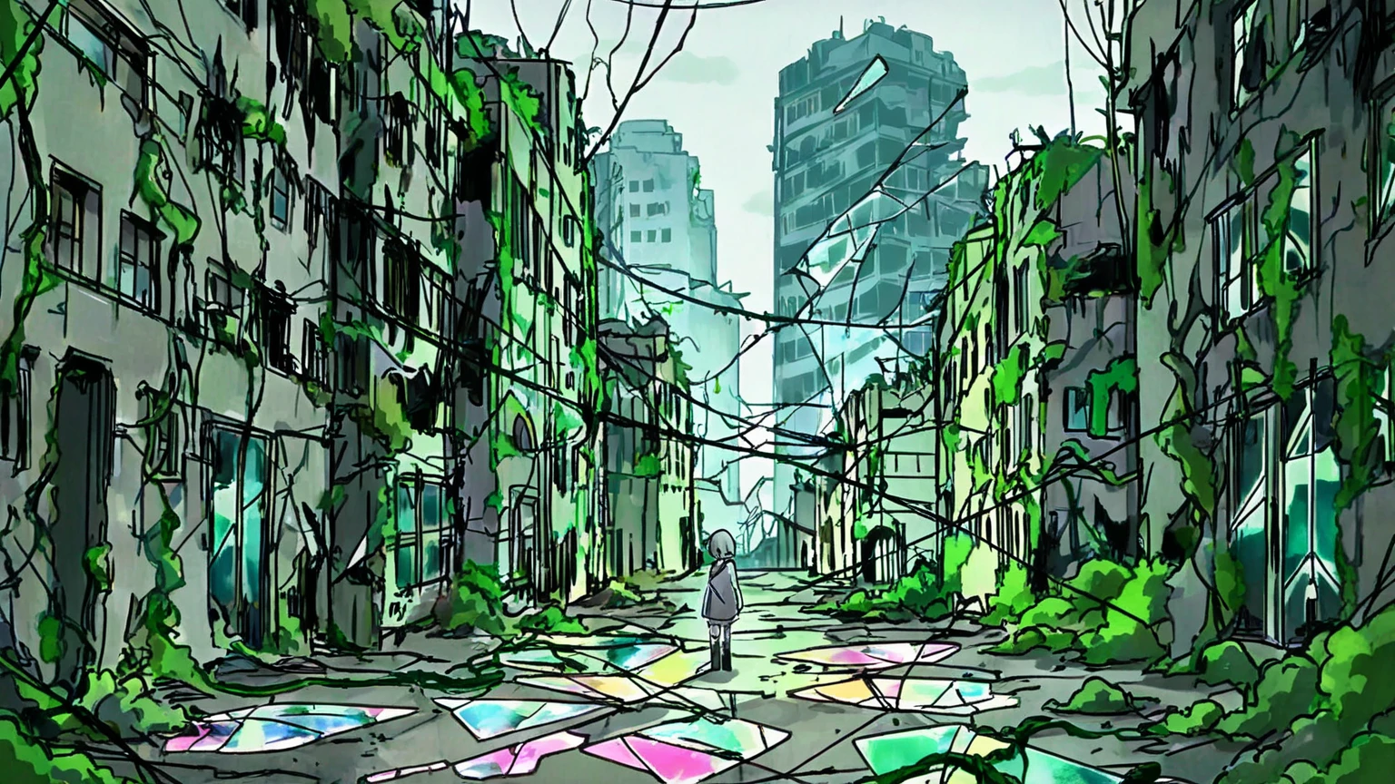 High resolution,high quality,(Perfect body),City overrun by plants,Building covered with plants,Ruined City,Collapsed building,Cracked road,A girl looking down on the city,Green Hair,Light yellow dress,Fairy wings on the back,Looking Away