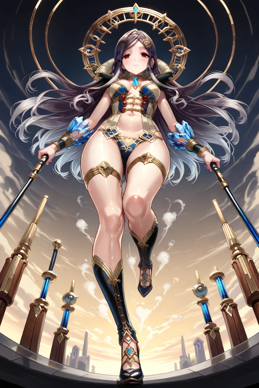 1girl, solo, solo focus, tall figure, (long hair, purple hair). She wears a white leotard, combined with black line elements. She wears a white hair ornament and carries an extremely large golden sword. bare legs, white boots, full body, medium breasts, holding weapon, holding sword, blue flashes of light