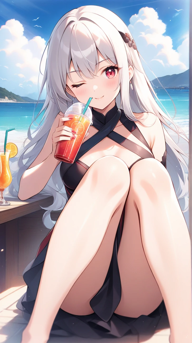 1girl, solo, swimsuit, beach, sitting, outdoor, drink, food, bare shoulders, gloves, bikini, red bikini, 
<lora:AzurLaneKearsargev1:0.8>