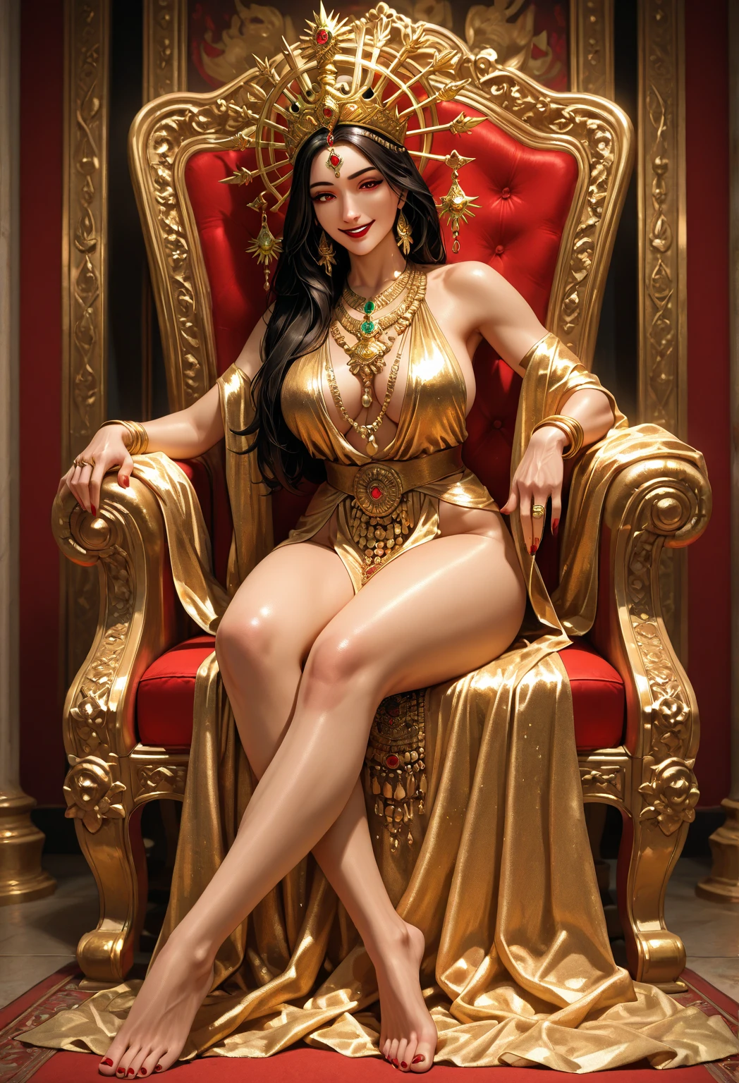 (A beautiful queen Goddesses, plain background, photoshoot, detailed face, athletic , navel,cute dress), (Photorealsitic:1.4), Raw , Sharp Re, Nikon D850 Film, Stock Photo , F1.6 Lenses Rich Colors ,Hyper Realistic, Life Like Textures, Dramatic Lighting ,Unreal Engine , ((Super Realistic Details))、Global Illumination, Shadows, Octane Rendering, 8K, Ultrasharp, Highly Detailed, Realistic Light, Ink Color Art, Ink Sketch Art, thong strings ((huge perky breasts, deep cleavage 1.8, thick thighs)) smiling , ((black , diamond studded, magnificent embroidered dress, armored plates, ))((lots of jewelleries, 3 long necklace, earrings, waist chain, pearl chains)) ((oily skin, oily body, shiny skin))woman, sitting, , spreading legs wide open, ((hands on waist)) ((sitting on throne , huge magnificent throne, palace background))((netted queen deess)