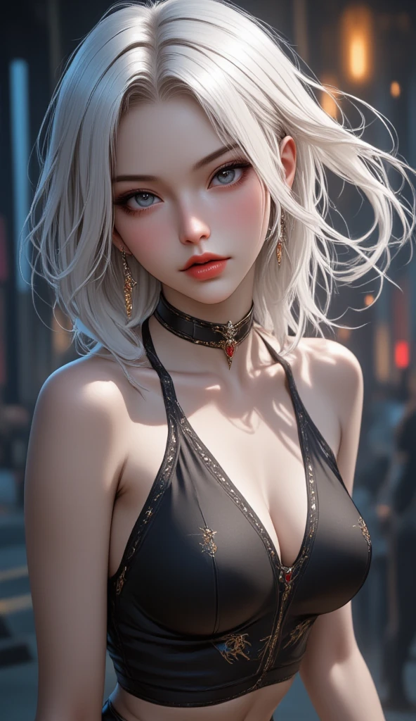 Close-up of a woman wearing a bare top in a bikini，a character portrait by Yang J，The popularity of CGsociety，Fantasyart，Beautiful character painting，Guviz-style artwork，Guvitz，White liquid，Long flowing white hair，Large breasts，epic exquisite  character art，Stunning character art，beautiful female assassin