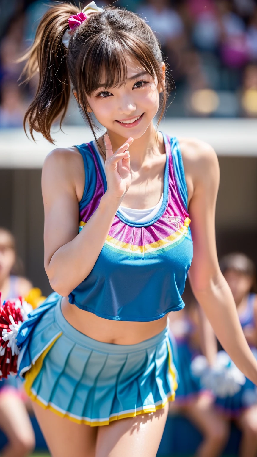 (best quality:1.2), masterpiece, ((anatomically correct proportions : 1.5)), ((perfect proportions)), 1 Japanese girl, (12-year-old, ultra cute kawaii:1.3), ((upper body)), solo, smile, standing, looking at viewer, (nup, cheerleader:1.2), (wearing Cheerleader's sleeveless shirt and pleated mini skirt) , ((focus on her armpits)), (((Sweaty armpits))), Armpit depression, ((((Dimpled Armpits)))), ((((Deeply wrinkled armpits))))