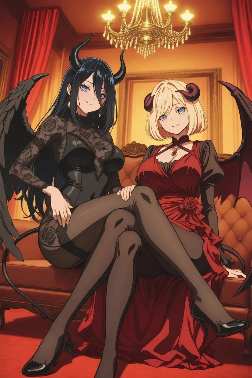 ((Highest quality)), ((masterpiece)), (detailed), (Perfect Face)、The woman snuggles up to the great and powerful evil demon king, hugs him, kisses him, puts his dick in her pussy, ejaculates, and has sex with him, making love to the dark demon couple.、The woman is a beautiful, jet-black female demon, the Devil Tiare, the queen of evil, with green eyes, blonde medium-long hair, a gorgeous black wedding dress with gold embroidery and trim, a black wedding veil, an engagement ring, and gorgeous accessories. She is an elegant, beautiful female demon, the Devil Queen.、A great demon with jet black skin, impressive devil horns, devil wings and a devil tail.、The woman looks happy、The man is a great and powerful demon king.、The woman is being loved and loved by the majestic demon king.