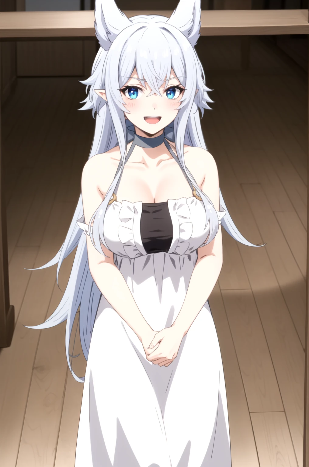 (masterpiece, best quality, very aesthetic, ultra detailed), intricate details, 1girl, fenrys, wolf girl, longhair, large breasts, choker, collarbone, white dress, cleavage, bare shoulders, indoors, smile, looking at viewer, skirt lift, panties, from below, upskirt panties

