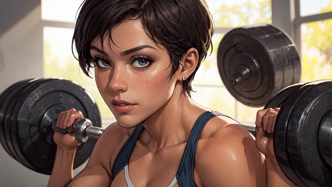 fille cheveux noires, cheveux noires, magnifique, ombres parfaites, visage parfait, detailed face, realistic, working out in the gym, thicc