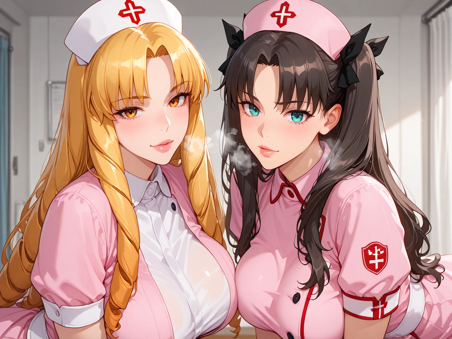 2girl, two girl, long hair, very long hair, masterpiece, best quality, highly detailed, a girls in nurse outfit holding a gun, nurse outfit, open mouth,
open cleavage, sexy gaze, (nsfw) not safe for work, badass pose , evil smile, smile, guns blazing, anime
girl with long hair, beautiful long haired girl, navel, evil expression, exposed belly, exposed navel,
exposed midriff, exposed lower belly, micro miniskirt, micro pencil skirt, pencil skirt ,holding a gun, hospital
