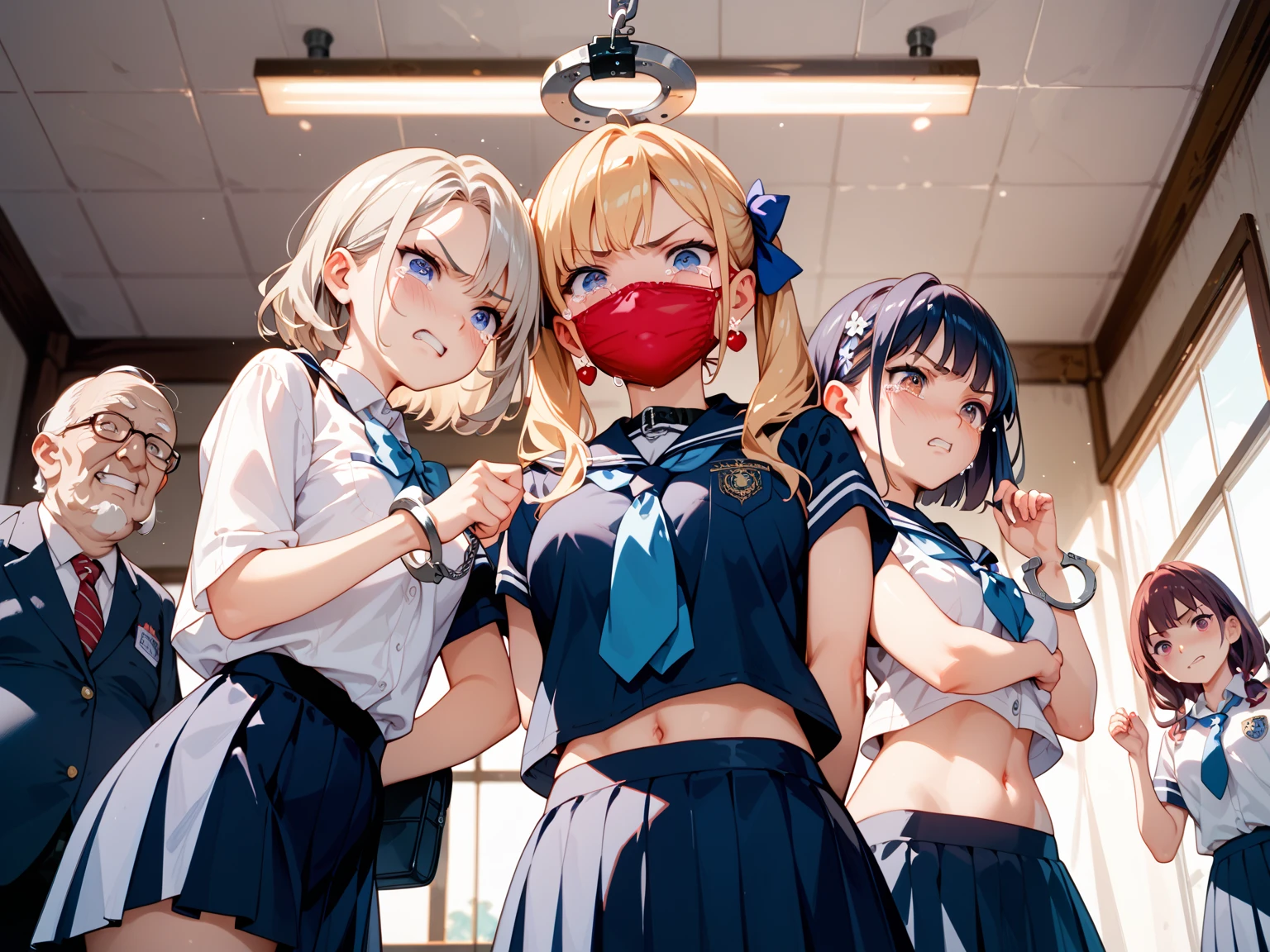 clv, ((Four high school girls)), ((Cross-legged binding)), ((Imprisoned in a warehouse)), ((4 women)), (Highly detailed CG Unity 8k), (highest quality), (Very detailed), (Ultra-high resolution), gag,Sailor suit, rope bondage, breasts rope bondage, hands back rope bondage, leg rope bondage, thigh rope bondage, bust rope bondage, feet rope bondage, ((Hands behind the back)), ((Wrists tied behind back)), ((Ankle binding)), 白い布でgag, Navy Blue Skirt, The first one has long black hair, The second person has brown hair and a bob cut., The third person has medium-long red hair., The fourth person is a silver-haired ponytail., BDSM, ((head band)), Crying face, Four people huddle together,
