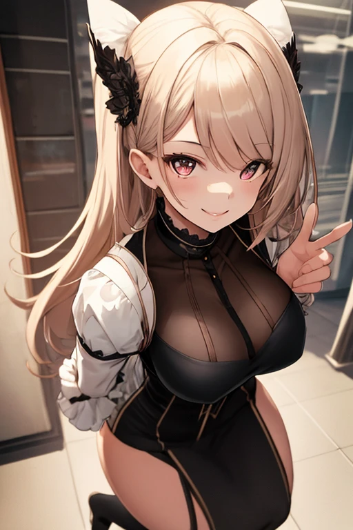 masterpiece, 1girl, sparrow, a blonde haired girl, wearing a black bra, curly medium hair, messy hair, slim body, he close her left eye, ruby eyes, ahoge, baby face, big breast, beautiful breasts, rounded breasts, long sleeves, beautiful eyes, white stocking, droopy eyes, her age is 19 years old, ricefield, bowtie, azusa_bluearchive, lovely face, medium hair, lovely smile, curly hair, gothic lolita style, nurse cap, panties, navel