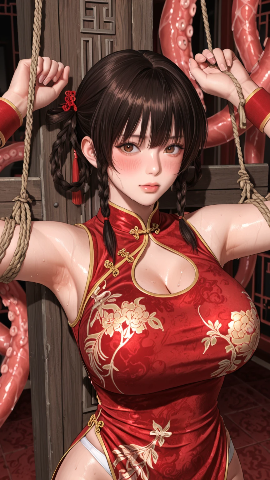 whole body，whole body像，whole body展示，，beautiful young girl, ((on the table)), (lifelike:1.4), alone, mad, , boundary, Hands tied above your head:1.3, Show off your groin, squatting cowgirl, Tie thighs, legs spread, Ropes on clothes, female face, G cup chest:1, ponytail , brown hair, ((locked, tie up, chain hanging from collar, with collar, Mai Shiranui, Red kunoichi dress:1.5)), beautiful face, shiny skin, open mouth, close eyes, ((Thick, sticky white milk running down from groin:1.2)),(((collar，chain，cuffs，metal collar，cuff2collar，Iron chain, chain, metal chain)))