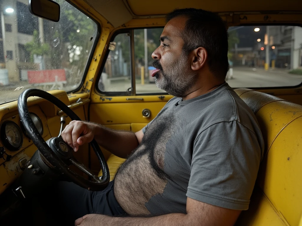 60-year-old truck drivers kissing, boca na boca, olhos fechados apaixonados, corpos gordos, full-bodied truck driver on the left, wearing a messy mustache and wavy hair, White stubble and truck driver, jeans, No meio, vestindo uma camisa xadrez vermelha aberta, corpo grande, forte, barriga robusta vestindo shorts verdes, cabelo cortado nas laterais e cravado por cima, Truck driver on the right has a fat body and a very hairy chest of very large body; Black pants with hairy stomach open at bottom, a huge red and black road truck ((( em um beijo apaixonado))), (((peitoral muito peludo))), tatuados, (((barriga grande))), (rosto detalhado:1.3), (hyper-realistic:1.3), (((fabrica abandonada e suja))), 8k