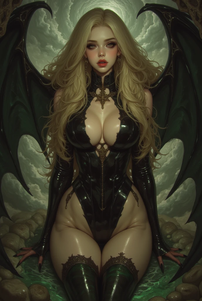 James Gurney style portrait, fantasy movie dress, fantasy clothes, Dark Fantasy, Horror fantasy movie or series, queen of the dark world,huge breast, huge ass, thick Belly, curvy figure, perky breast, queen of Lust, appealing body, alluring meaty body, Demon Woman, slayer Beauty, Satanic Beauty, Sultry, , lusty, thirsty face, seductive figure, perfect thick figure, seductive body, horns, vampire goddess, Satan Goddess, Beautiful Witch, Demon Girl, Demoness, Demon Queen, 35 years old, witch woman, Satan Woman, Gothic Fantasy, Gothic Woman, Gothic world, beautiful blond woman, realistic, dramatic lighting, perfect eyes, perfect face, perfect fingers,