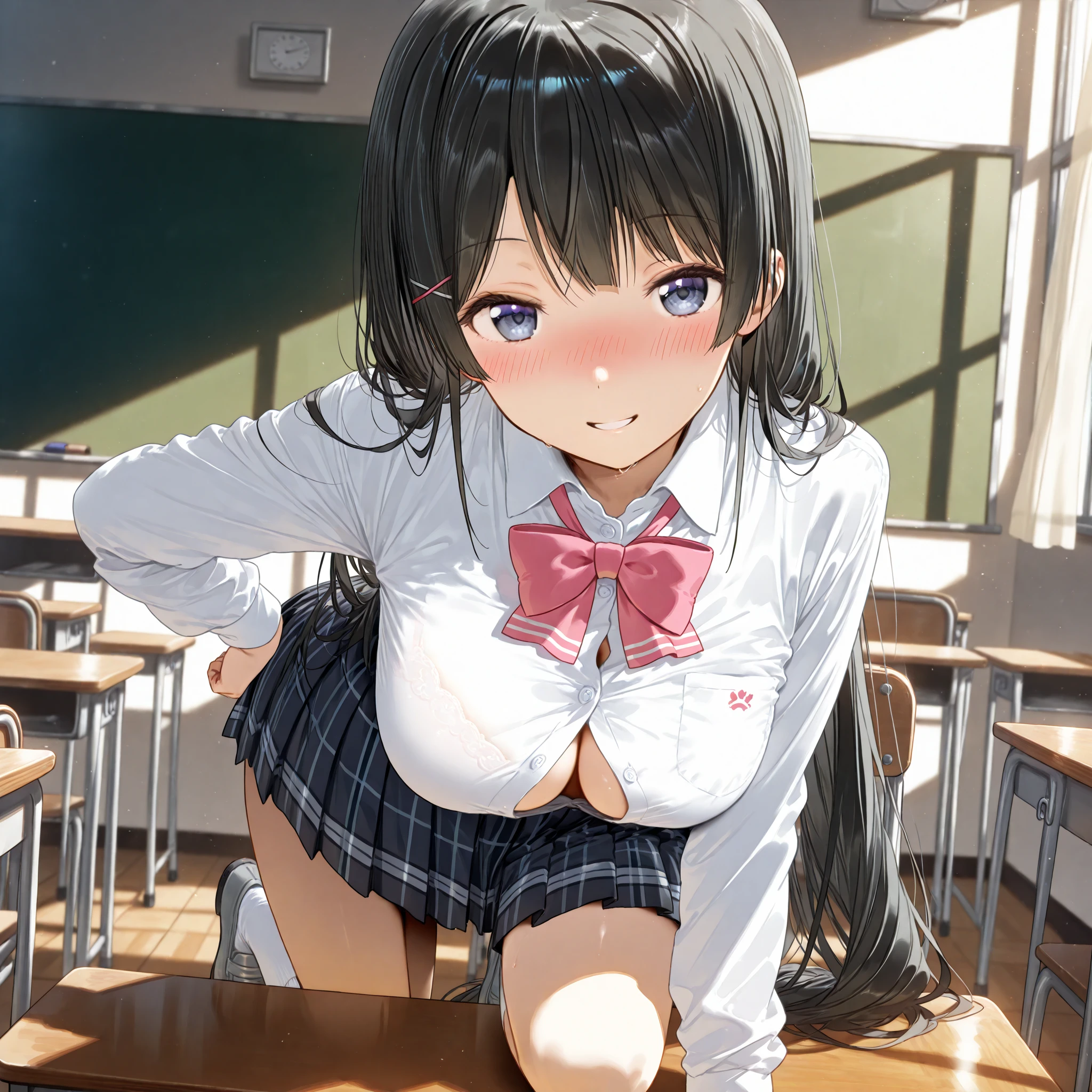 masutepiece、​masterpiece、top-quality、ultra-detailliert、hight resolution、hight resolution、8K Portrait、Unity 8k壁紙のhigh-detailCG、Unity 8k壁纸、Cute little:1.5、Lori:1.5、Highly detailed CG Unity 8k wallpaper、逼真、realperson、Cute little、 Portrait photos、shinny skin、high-detail、(sixteen years old:1.2)、(女の子1人)、Beautiful clear eyes、Ultra-fine depiction、delicated face、Lovely lips、skinny  body、Big breasts thin waist、Thin leg、(school classrooms:1.6)、 1girl in, Cute, Perfect face, Seriously, (blush:1.5), Big breasts,((School Uniforms:1.2)),(((Clothes lift:1.5))), (((Nipples))), Detailed description vagina,Show vagina,Spread legs,spreading pussy,((cum in vaginas:1.5))