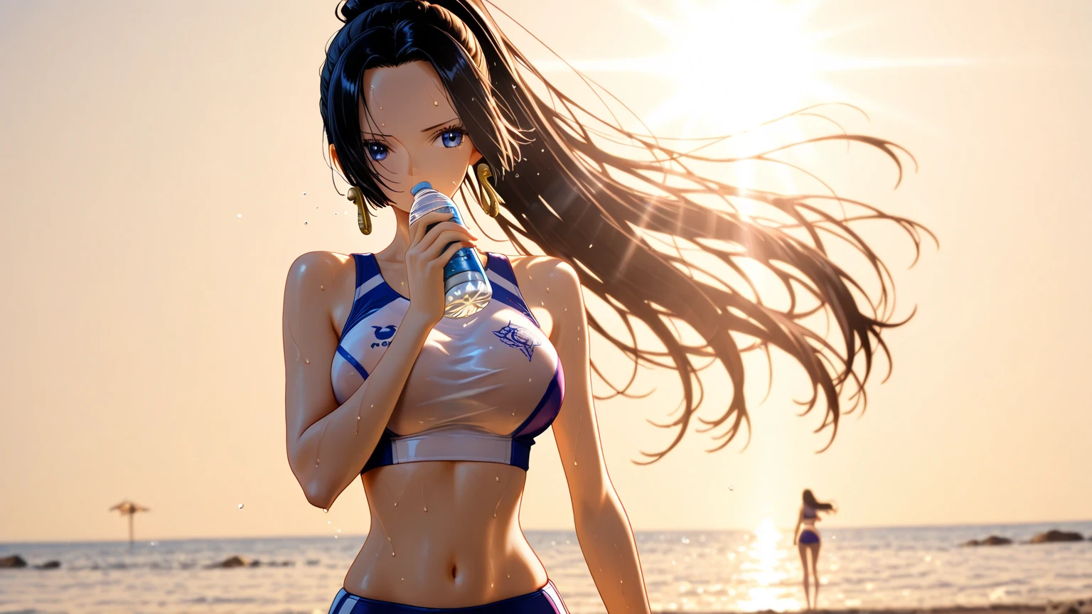 a close up of a person in a bikini standing in a body of water, second life avatar, realistic water, realistic bikini, sea of thieves style, overwatch tracer in a bikini, vrchat, nico robin, 3 d demo reel avatar, upper body avatar
