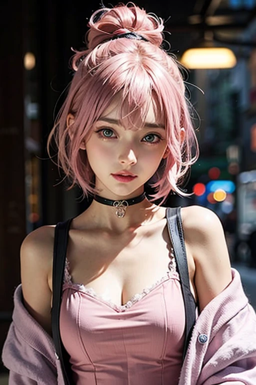 Cool women、sexy、Center of chest、Rize from Chainsaw Man、beauty、Yandere、、Face close-up、Chest tattoo、suit、necklace、(look up)、(Pink Hair)、).((Save face image))、((city)).(Shopping mall)、((whole body)).