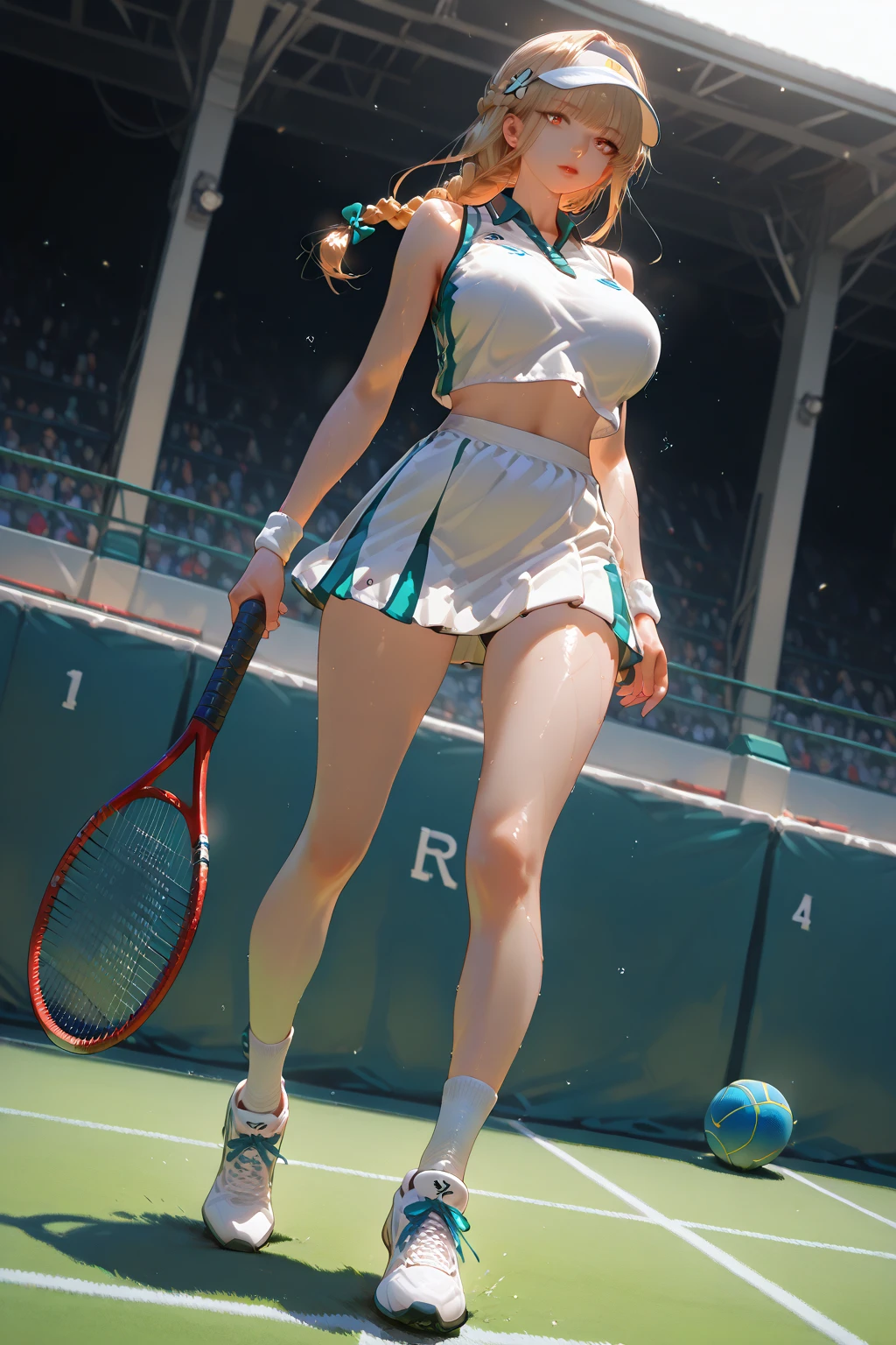 24 year old Japanese woman、Black Hair、Iris、Sexy proportions、Cleavage Emphasis、Professional tennis player、Sun visor、ponytail、Holding a tennis racket、Put the wristband on your wrist、Micro Mini Skirt