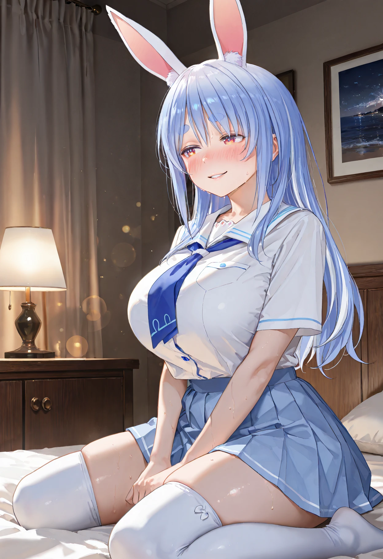 nsfw,((shifty, cat ear headphones blue shirt sailor collar white skirt wrist cuffs socks sneakers,)),((solo girl)),((Perfect body,))((Super beautiful,))((High quality,)), (sweaty,) (wet all over,) blush, steam,((big breast)),(shyly smile),((Lift up the hem of her skirt to show off her crotch,Pleated skirts that are too short and expose underwear,))pov, Looking at Viewer,cowboy shot,(lovehotel room),