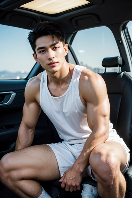 1 handsome naked korean guy muscular, look like Li Yuanbin, Kim Hyung Tae, Kim Hyung Tae, Yin Shishan , Shi Yu, handsome young baby face, sexy posture, manly , A 20 year-old man wearing nothing in the car parking spot background, sit on a car , Sport themed,, show dick, Magnificent sexy clothes,, short sleeves,, tall young man, Tennis wear, Wearing a glasasculine,bare chest, handsome,strong sport body, High detailed , lean Muscles look good,big chest abs, bare butts, nice big butts, hairy body,sexy expression, Wheat complexion,black eyes(thin eyes 1:3),Full body image, show dick, perfect dick in good shape, erection, detailed dick, super long big fat dick masturbate, open legs