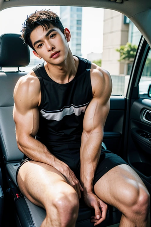hairy legs, two block, long legs, Male, 27 years old, Japanese, wearing sexy shorts, topless , very short hair, black hair, Riding a bus, sitting on the seat, masculine boy , bodybuilder, sexy boy , epic reality , ultra realism