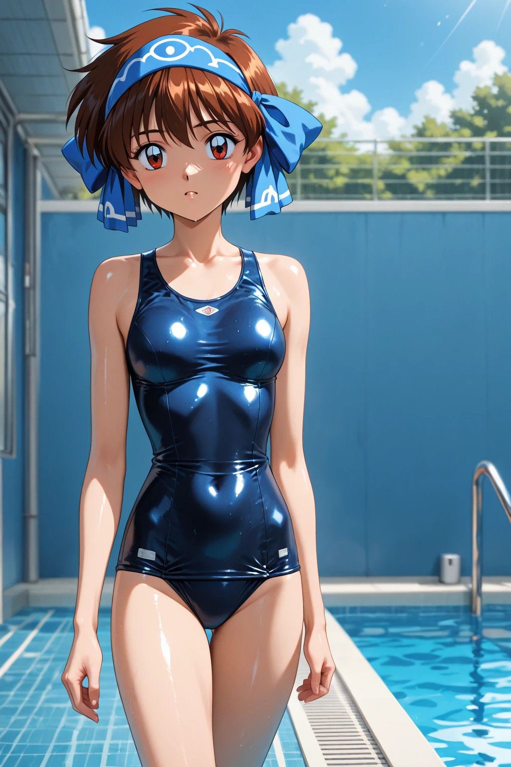 ((masterpiece)),((highest quality)),((Anatomical)),((Realistic)),((Detailed Description)),((cute)),((((shower room)))),(((1 kindergartener))),((Beautiful eyes)),((Baby Face)),((Petite)),((Bewitching Smile)),(((School Swimsuit))),(((Glasses))),Full body view,Gymnastics Mat,