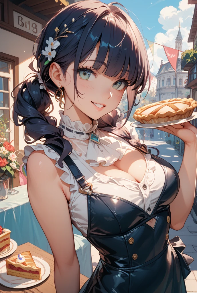 (looking down on the audience:1.3),(from avobe:1.0), ((Face)), (Close-Up:1.0), ((looking at viewer, holding a cake)),highest quality、(real、photorealistic:1.4),(ultra high resolution, 8K RAW photo, clear focus), best qualtiy, natural lighting, field depth, (Bright pupils, detailed beautiful eyes, high detailed face), Red lip, (tight focus:1.2, from below), sexy posing, a girl 22yo old, italian teacher, wearing a , bootyshorts, Thicc, thin breast, long hair, blue eyes,black jacket,(Long flared skirt),garter stocking, open clothes, cleavage:1.1, midriff, black shorts, black thighhighs, thigh strap, pretty girl, (highly detailed beautiful face and eyes,firm breasts),real skin,((black hair,long pony tail hair)),thin pubic hair,cute,lovely,(alchemist costume:0.8), detailed eyes, This masterpiece is only visually stunning but also tells,(double breasted:1.0,under bust:1.0),(with sparkling eyes and a contagious smile),open mouth, Looking at Viewer,