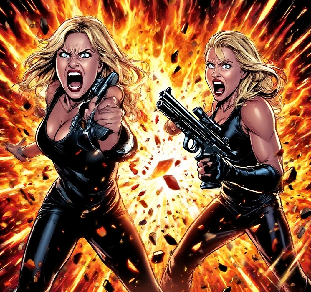 a black and white comic book image of a terrified blonde woman running from a werewolf