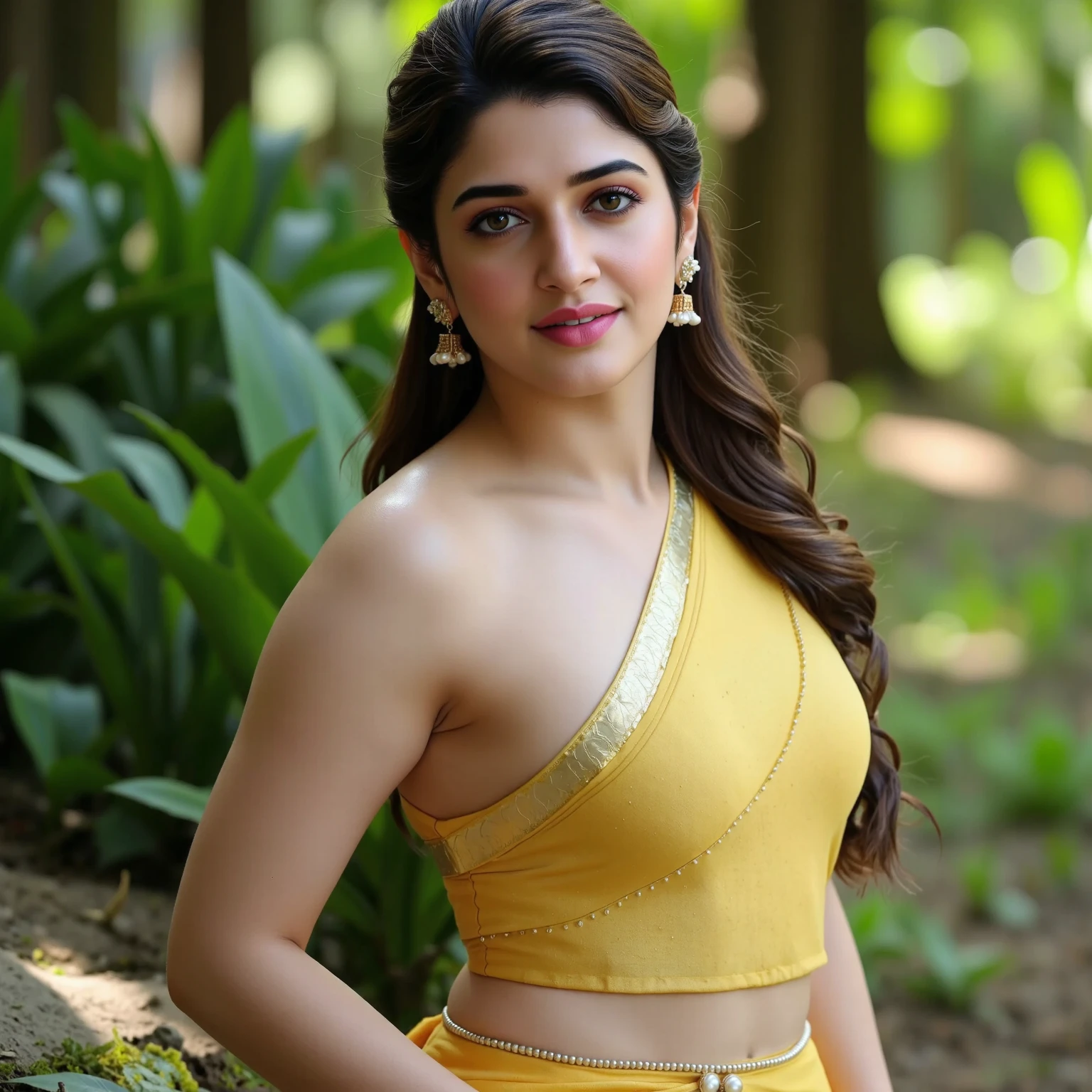 close up photo of sexy, curvy, hourglass figure, swooping breasts, deep cleavage, open arms, sexy armpits, seducing on mountains, ponytail, necklace, yellow see through strapless saree, look at viewer and subtle smile, (cinematic:1.3), intricate details, (ArtStation:1.2)