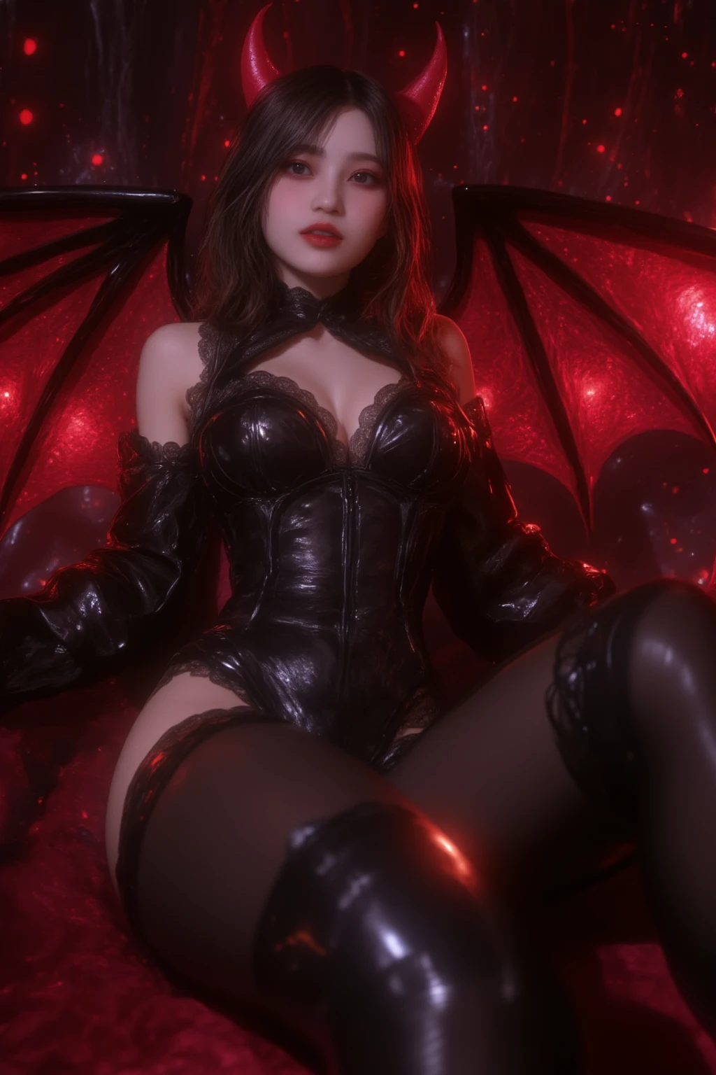 a beautiful busty asian tiefling succubus in a black leather dress short skirt boots fishnet stockings garter belt, hyperrealistic, highly detailed, 8k, masterpiece, (exquisite details:1.4), (intricate details:1.3), cinematic lighting, dramatic pose, sultry expression, glowing  red skin, horns, tail, wings, dramatic lighting, dark fantasy, cinematic composition