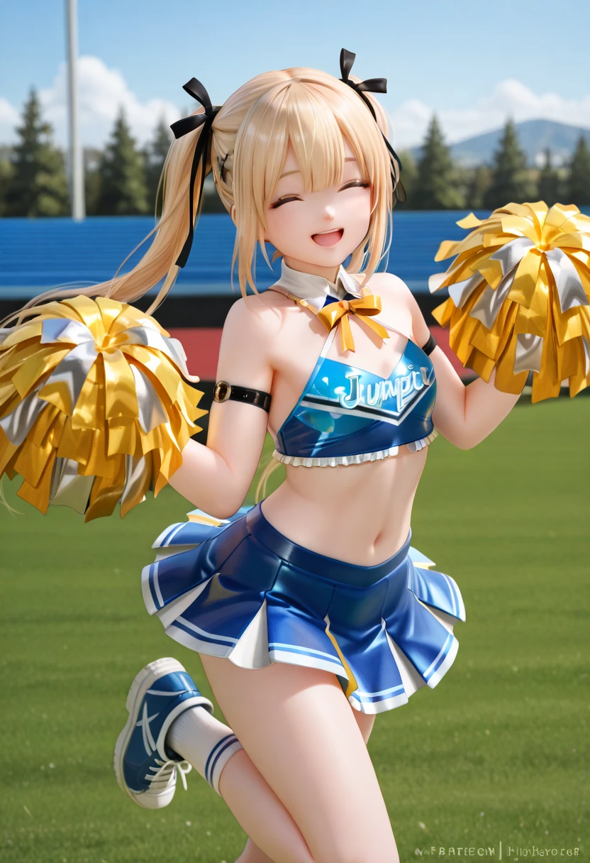 (8K, Best Quality, Masterpiece: 1.2), Cute, Solo, National Stadium, Night, ((Girl is Wet))), Big, Fine Beautiful Eyes), Blonde, Pale Blue Eyes, Navel, Cleavage, Japan, Full Body, Adult, 28 Years Old, Dazzling Smile, Ruffles, Garter Belt, Cheerleading, Legs Up in Line Dance, Cheerleading, Skirt Flipping in Strong Wind, Cheering Hard, Overflowing Sweat, white costume, underwear visible, serious smile, short hair, far enough to see the whole body, jumping
