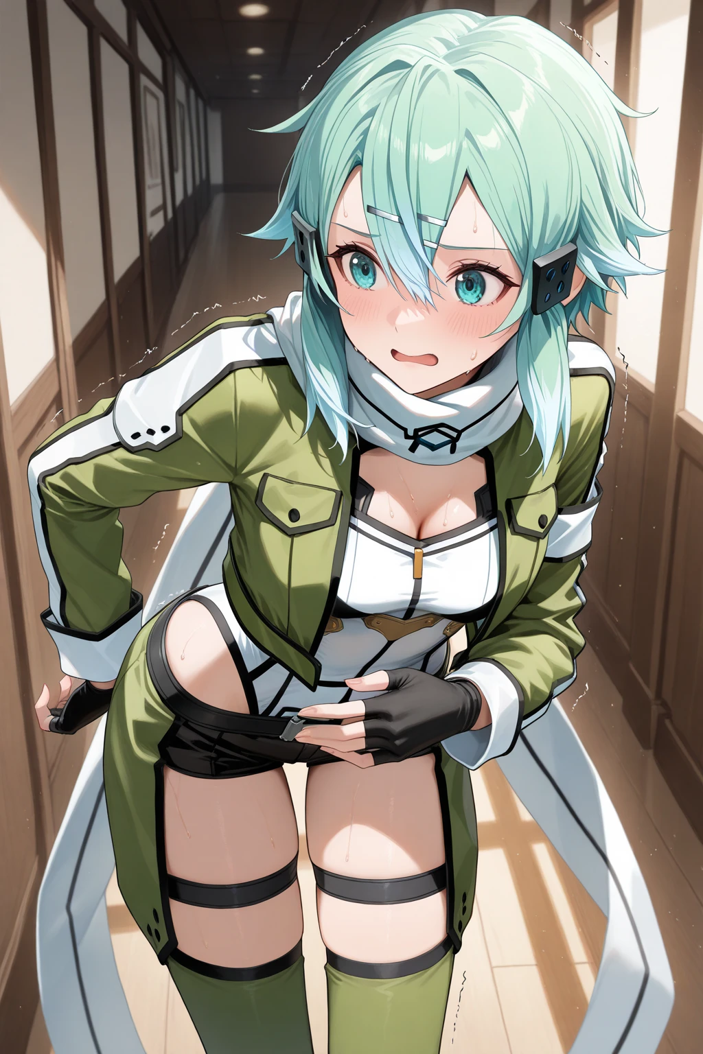 masterpiece, best quality, highres, 1girl, sinon1, scarf, fingerless gloves, long sleeves, nude, topless, nipples, short shorts, hair ornament, hairclip, green thighhighs, green jacket, thigh strap, <lora:sinon:0.7>, cowboy shot, standing,