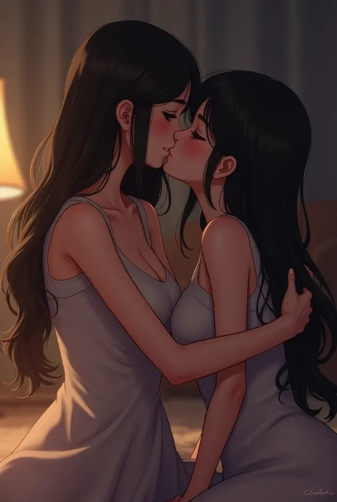 Sex between two women, one of them lying down, holding tightly the thighs of the other who is sitting on her lap, +18, anime styling