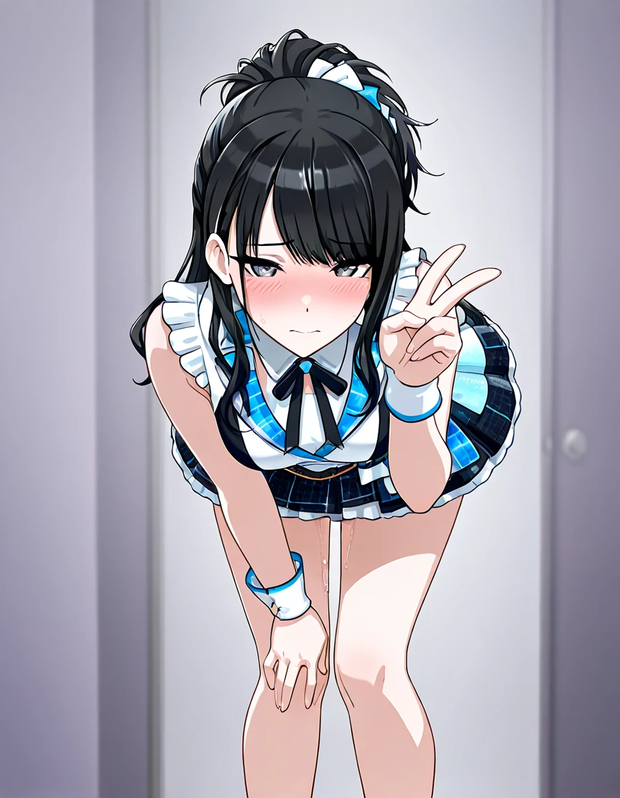 best quality,1girl,((little girl,small breasts,loli:1.3)),curvy,(orgasm,blush,sobbing / tears:1.1)),angry,sweatblack hair, long hair,hair ribbon, (blue dress,mini skirt,lift skirt,upskirt,kneehighs:1.1),stage,crotchAngle,head out of frame,lower body,((((have to pee)))),covering crotch,(((hand between legs))),knees together feet apart,Pee,Urinating,wet,crowd,mike,full body