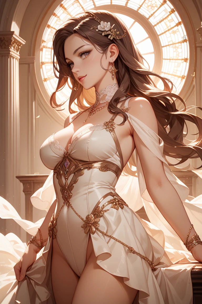 ((retinas)), tmasterpiece, anatomically correcte, textureskin, super detailing, high detal, high qulity, best qualtiy, A high resolution, 4K, (Detailed lighting, detailedshadows), 1womanl, dark brown hair, ((Detailed eyes)), closeup cleavage, sportrait, (with brown eye), Very detailed clothes, ((Modern clothes)), beautiful hairl, Detailed body, Hair down, very highly detailed background, beatiful background, (long whitr hair), Half body,),