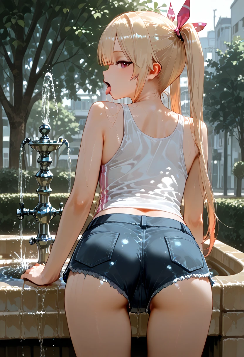 Browsing Caution,From the back,((Gonzo Hand:1.3)),((Spanking:1.3)),((Perfect Anatomy:1.5,Realistic,:1.3,RAW Photos:1.3,masterpiece、Highest quality、Ultra - High resolution、High resolution、Detailed CG、8K)),Cowboy Shot,1 female,alone,profile、20 year old beauty,(Beautiful and exquisite face and eyes,Big and beautiful eyes),Bright green eyes,(Blonde,ponytail,Long Hair,bangs),(Medium chest,Slender body,Small Head,skinny, Glowing Skin,Oily skin,Shiny skin),((cum on ass:1.5))、((No panties visible in sunlight, spreading her pussy wide Half ass)) 、),alley、人気のないalley裏、Graffiti art、Tokyo、
