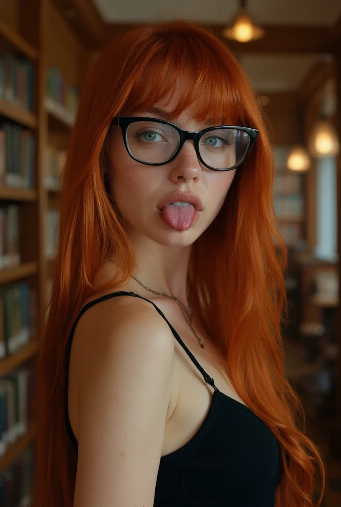 1 girl, long red hair, glasses, freckles, , pussy Smiling, nude in stockings
