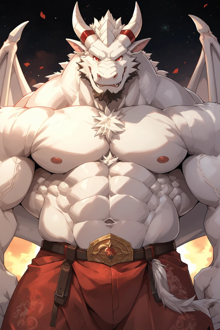 (white eastern dragon),furry,fuii body shot,white mustache,big pecs,hearty males,artbook,muscular,naked,dakimakura,white bed_sheet