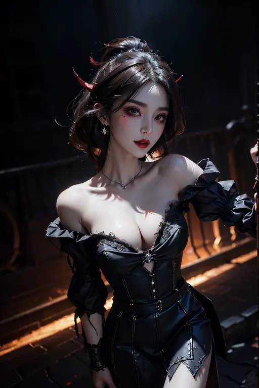1 beautiful devil woman from hell, In the Dark: 1.6), surreal female portrait by David Hockney and Alphonse Mucha, fantasy art, korea doll, photorealism, dynamic lighting, artstation, poster, volumetric lighting, very detailed faces, 8k ultra, Awarded, in the dark, deep shadow, low key, cowboy lens, (Red phoenix dress: 1.4), long hair, black hair, bust, luxurious palace, Royal style, devil crown, red eyes make up very sharp and detailed, The most beautiful face, The breasts are very big and round and round, Super realistic, chinese women's clothing, polo neck sweater, Charming smile, The eyes are very well made up, guweiz, devil style, wearing black mesh socks, Ponytail with a bow tied at the back of the hair, Red black lips, Devil tattoo on shoulder, wearing a thin red and black robe, the landscape is overcast and thunderous, (Portrait), Close-up of the main character, (Background details 1.8),