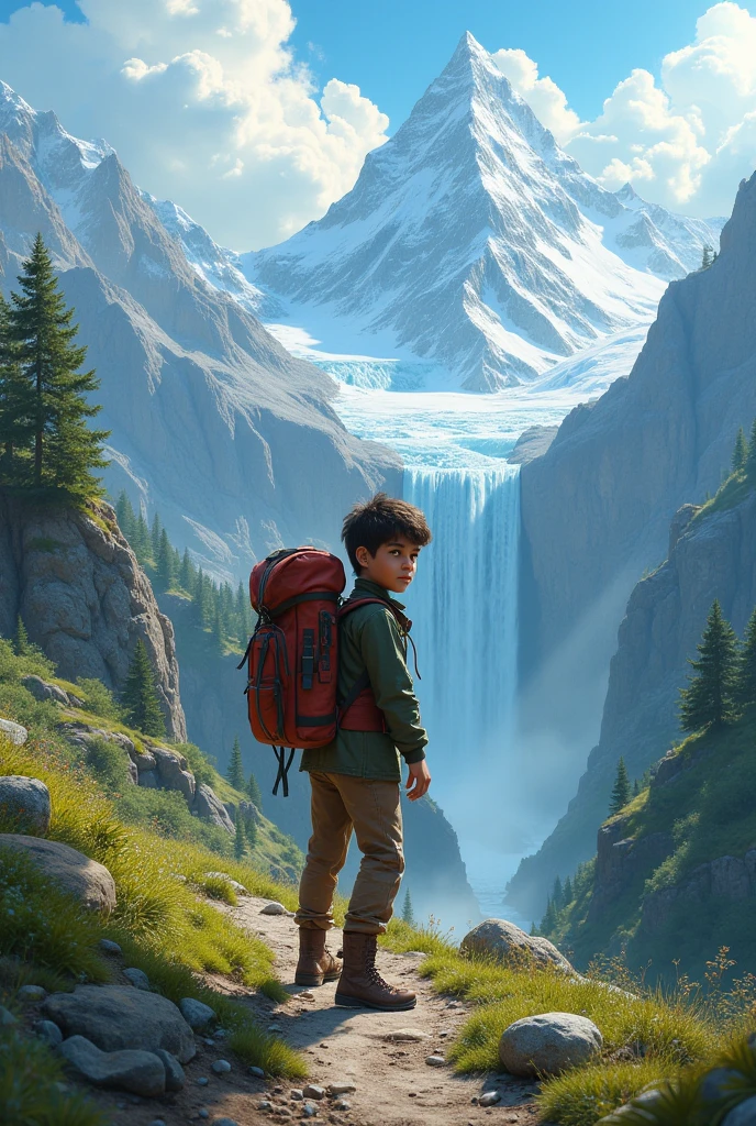 Create the back of a book cover featuring a realistic boy aged about. 12 years can be seen, who experiences an exciting adventure. Among other things, when swapping in the lake, Hiking in the forest, Climb into the mountains, Exploring caves and more