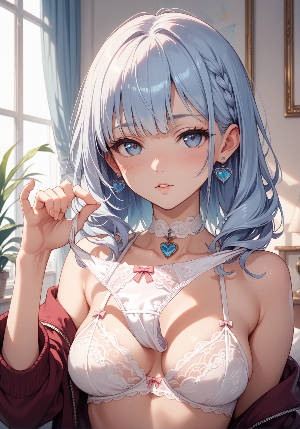 Beauty, Gray Hair, blue eyes, underwear、Big Tits、to close range、Blue Necklace、Blue earrings、head band