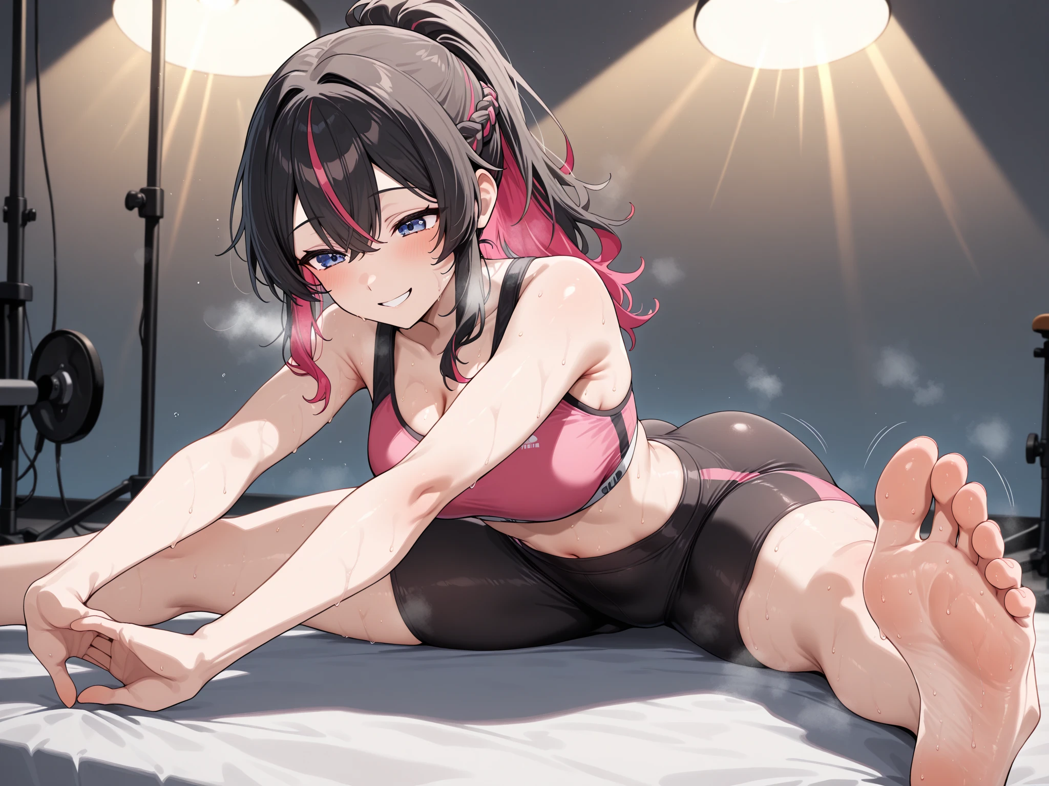schoolgirls，soio，Barefoot，Doing yoga，In bed at home，Wearing a black bikini
